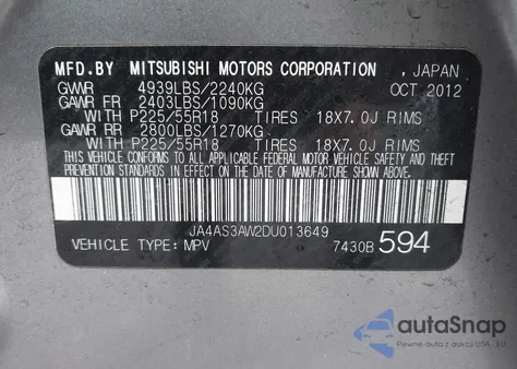 2013 Mitsubishi Outlander Se from USA, damaged, VIN JA4AS3AW2DU013649